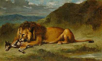 狮子吞食山羊`Lion Devouring a Goat (mid 19th century) by Imitator of Eugène Delacroix