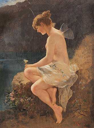 普赛克和蝴蝶在湖岸`Psyche mit Schmetterling am Seeufer (Ca. 1870~80) by Wilhelm Kray