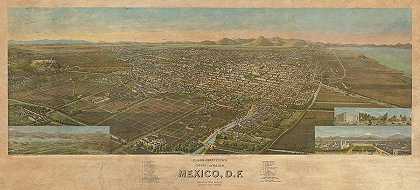 墨西哥城市和山谷透景观`Perspective map of the City and Valley of Mexico by Henry Wellge