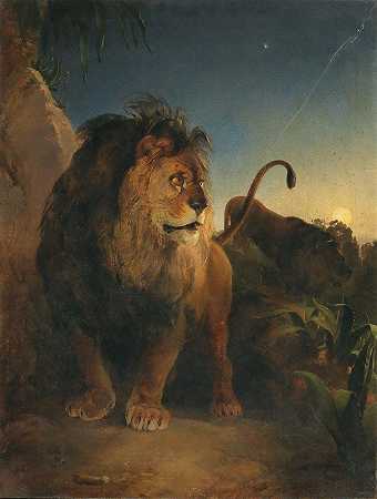 月光下的一对狮子`Pair of Lions on a Moonlit Night (1835) by Johann Fischbach