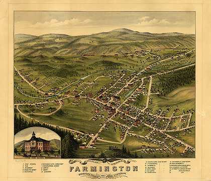 1877年新罕布什尔州斯塔福德县法明顿村鸟瞰图`Bird\’s eye view of the village of Farmington, Stafford County, New Hampshire 1877 by Antique map
