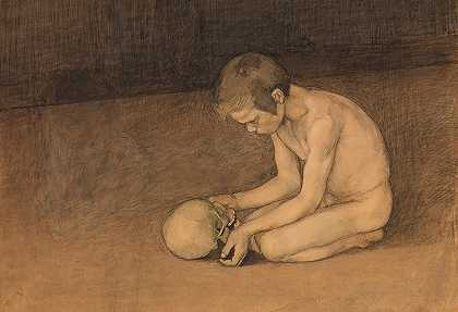头骨男孩`Boy with Skull (1893) by Magnus Enckell