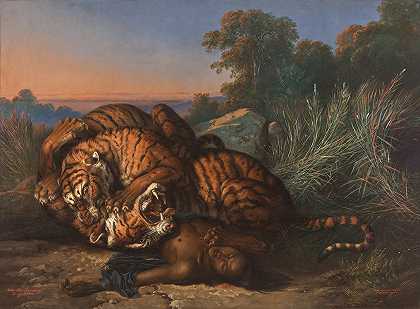 猛虎队`Kämpfende Tiger (1870) by Raden Saleh