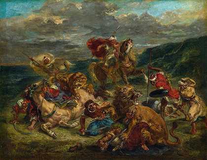 猎狮`Lion Hunt (1860) by Eugène Delacroix