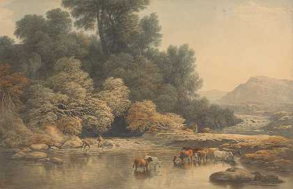 有河流和牛的丘陵景观`Hilly Landscape with River and Cattle (ca. 1810) by John Glover