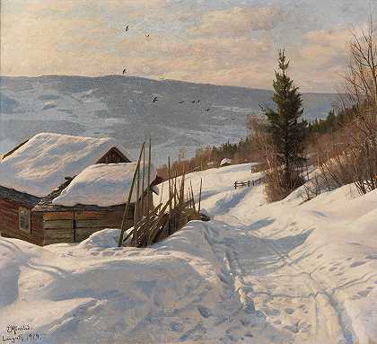 挪威阳光明媚的冬日`Sonniger Wintertag in Norwegen (1919) by Peder Mørk Mønsted