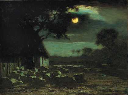 月光下的羊圈`Sheepyard, Moonlight (1906) by Horatio Walker