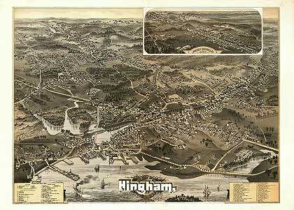 马萨诸塞州普利茅斯县欣汉姆镇。`Town of Hingham, Plymouth County, Mass. by Poole