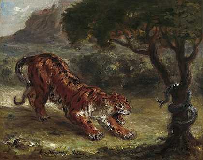 老虎和蛇`Tiger and Snake (1862) by Eugène Delacroix