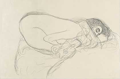半裸体前倾（绘画《勒达》的准备工作）`Semi~Nude leaning forward (Preparatory Work for the Painting Leda) (1913~1914) by Gustav Klimt