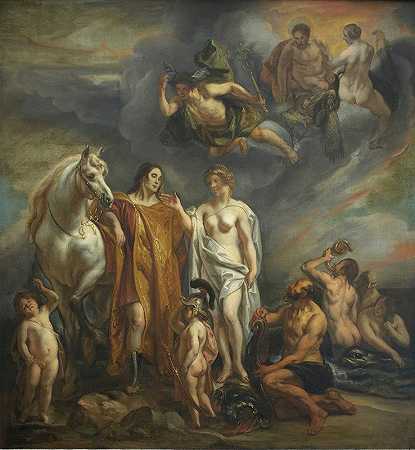埃涅阿斯协助`Aeneas Aided by the Gods by the Gods by School of Jacob Jordaens
