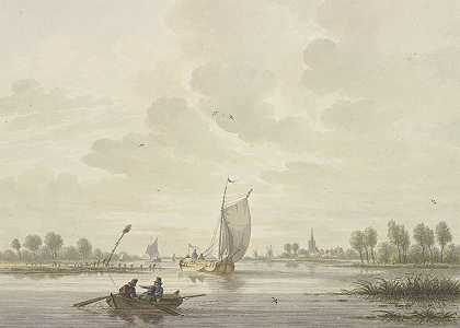 在一条河上，一些驳船在一艘划艇前面航行`Auf einem Fluss segeln einige Barken, vorne ein Ruderboot by Nicolaas Wicart