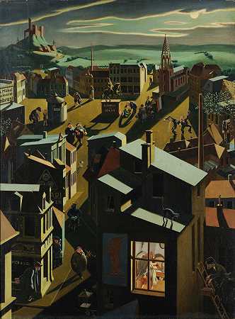 德国小镇`German Small Town by Night (1923) by Night by Georg Scholz