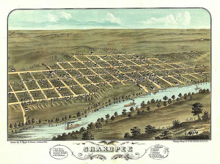 AF-Bird\'s eye view of Shakopee, Scott County, Minnesota 1869