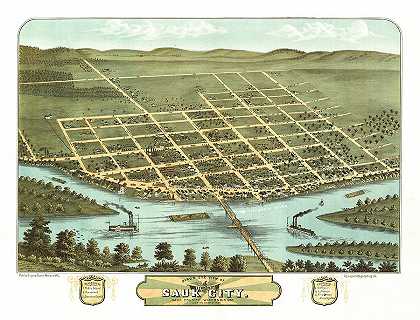 1870年威斯康星州索克县索克市鸟瞰图`Bird\’s eye view of Sauk City, Sauk County, Wisconsin 1870 by Ruger