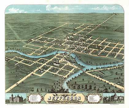 1870年威斯康星州杰斐逊县杰斐逊鸟瞰图。`Bird\’s eye view of Jefferson, Jefferson County, Wisconsin 1870. by Ruger