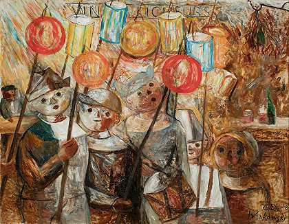 带火炬的孩子们`Children with torches (La retraite aux flambeaux) (1928) by Tadeusz Makowski