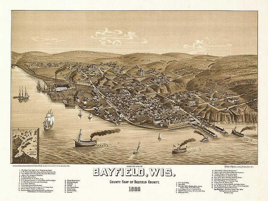 AF-Bird\'s eye view of Bayfield, Wisconsi, county seat of Bayfield County 1886