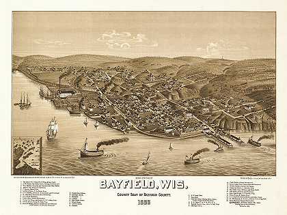威斯康星州贝菲尔德鸟瞰图，1886年贝菲尔德县县城`Bird\’s eye view of Bayfield, Wisconsi, county seat of Bayfield County 1886 by Wellge