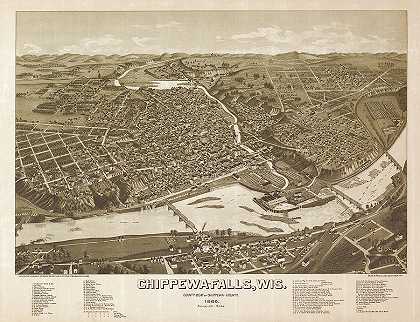 1886年，威斯康星州齐佩瓦瀑布地图，齐佩瓦县县城`Map Chippewa-Falls, Wisconsi, county-seat of Chippewa-County 1886 by Wellge