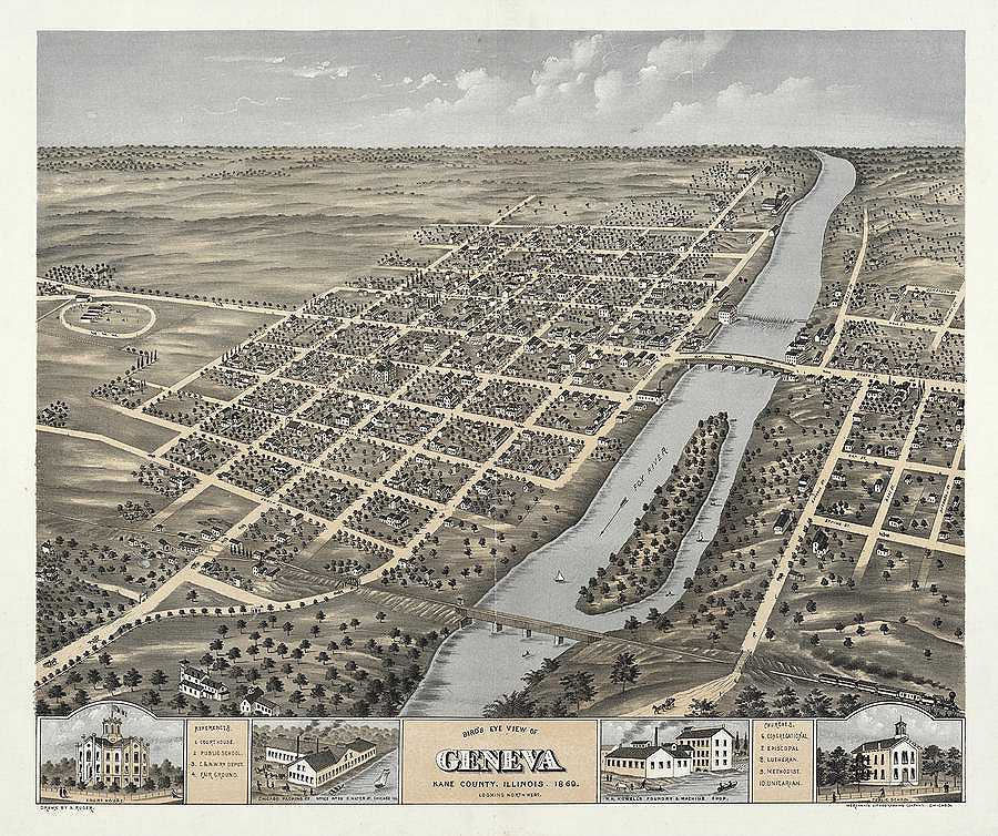 AF-Bird\'s eye view of Geneva, Kane County, Illinois 1869