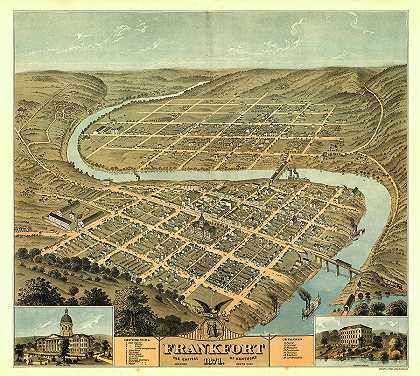 1871年肯塔基州首府法兰克福市鸟瞰图`Bird\’s eye view of the city of Frankfort, the capital of Kentucky 1871 by Norris