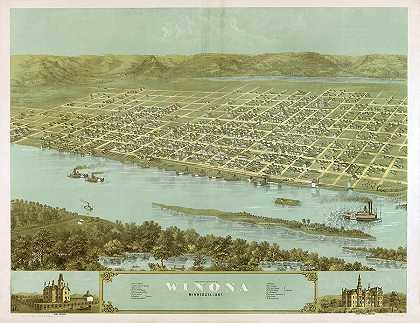 1867年明尼苏达州威诺纳市鸟瞰图`Birds eye view of the city of Winona, Minnesota 1867 by Ruger