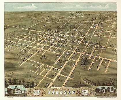 1870年田纳西州麦迪逊县杰克逊市鸟瞰图`Bird\’s eye view of the city of Jackson, Madison County, Tennessee 1870 by Ruger