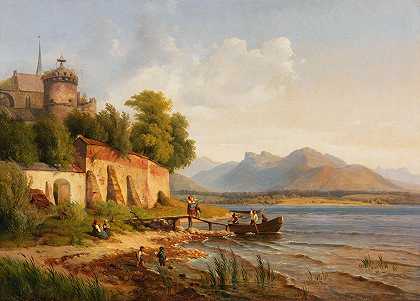 意大利上海岸景观与人物`Oberitalienische Küstenlandschaft mit Figurenstaffage (1838) by Louis Gurlitt
