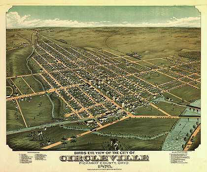 1876年俄亥俄州皮卡威县Circleville市鸟瞰图`Birds eye view of the city of Circleville, Pickaway County, Ohio 1876 by Ruger