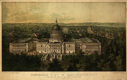从国会大厦的新圆顶向东俯瞰华盛顿城的全景`Panoramic view of Washington City from the new dome of the Capitol, looking east by Sachse
