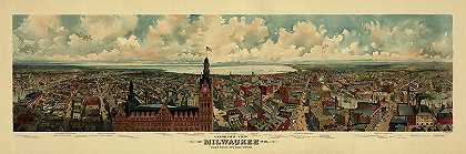 威斯康星州密尔沃基的全景，从市政厅大楼拍摄`Panoramic view of Milwaukee, Wisconsin, Taken from City Hall tower by Antique map