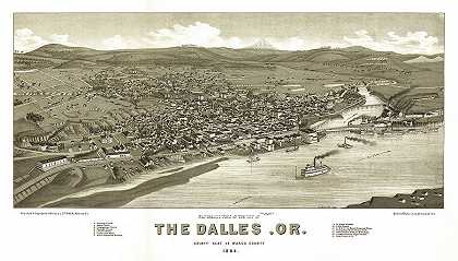 达拉斯市全景，或。1884年瓦斯科县县城`Panoramic view of the city of The Dalles, Or. county seat of Wasco County 1884 by Henry Wellge