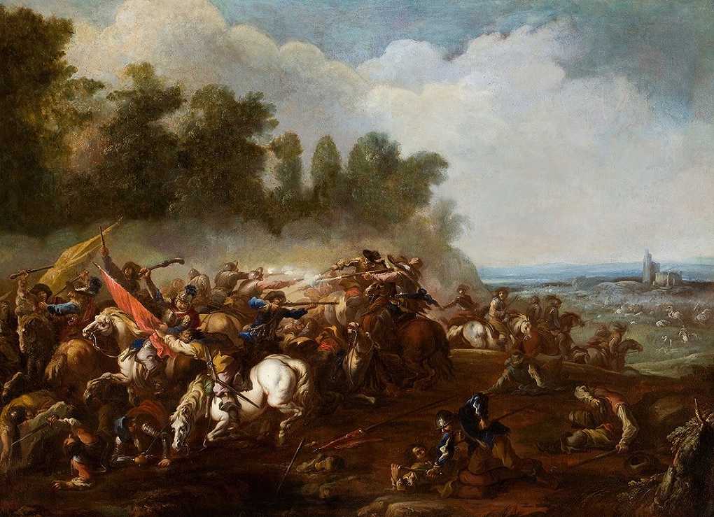 `Cavalry Skirmish in an Extensive Landscape with Village in the Distance-