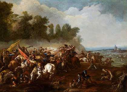 骑兵在一片广阔的土地上与远处的村庄发生冲突`Cavalry Skirmish in an Extensive Landscape with Village in the Distance by Manner Of Adam Frans Van Der Meulen