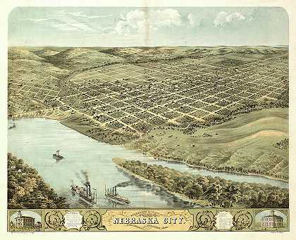 内布拉斯加州奥托县内布拉斯加州市鸟瞰图1868`Bird\’s eye view of the city of Nebraska City, Otoe County, Nebraska 1868 by Ruger