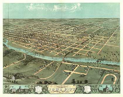 爱荷华州约翰逊市鸟瞰图，爱荷华州1868年`Bird\’s eye view of Iowa City, Johnson Co., Iowa 1868 by Ruger