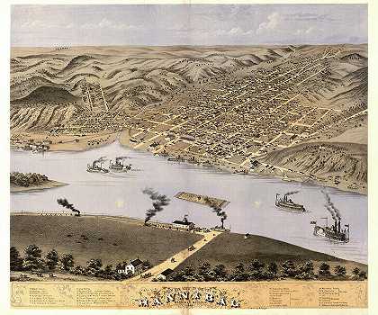 1869年密苏里州马里恩公司汉尼拔市鸟瞰图`Bird\’s eye view of the city of Hannibal, Marion Co., Missouri 1869 by Ruger