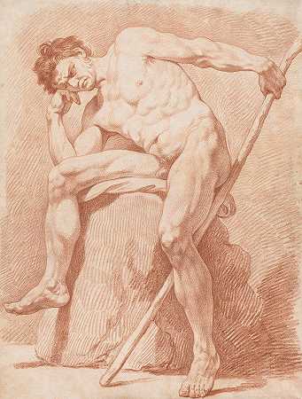 裸体坐着拿着棍子的学院`Academy of a Seated Nude Holding a Staff (c. 1735/50) by Edmé Bouchardon