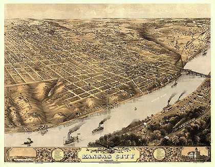 密苏里州堪萨斯城鸟瞰图。1869年1月`Bird\’s eye view of Kansas City, Missouri. Jan\’y. 1869 by Ruger