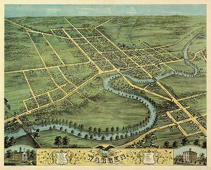 1870年俄亥俄州特伦贝尔县沃伦鸟瞰图`Bird\’s eye view of Warren, Trumbull County, Ohio 1870 by Ruger