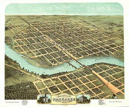 1869年伊利诺伊州坎卡基县坎卡基市鸟瞰图`Bird\’s eye view of the city of Kankakee, Kankakee County, Illinois 1869 by Ruger