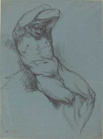 一个裸体男性坐着，双手交叉在头上`A Seated Male Nude with His Hands Crossed over His Head by Raphael Lamar West