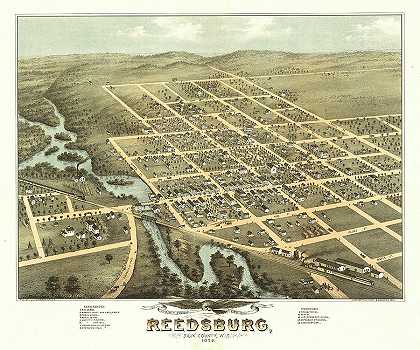 威斯康星州索克县里德斯堡鸟瞰图。1874`Bird\’s eye view of Reedsburg, Sauk County, Wis. 1874 by Ruger