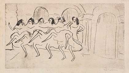 六名舞者在蝴蝶结装饰前（英语合奏）`Sechs Tänzerinnen vor Bogendekoration (Englisches Ensemble) (1910) by Ernst Ludwig Kirchner