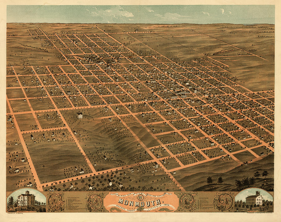 1869年伊利诺伊州沃伦县蒙茅斯市鸟瞰图`Bird\’s eye view of the city of Monmouth, Warren County, Illinois 1869 by Ruger