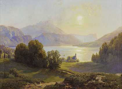 阿尔卑斯湖景（阿特西）`Blick über einen Alpensee (Attersee) by Anton Hlavacek