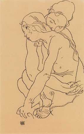 女人和女孩拥抱`Woman and Girl Embracing (1918) by Egon Schiele