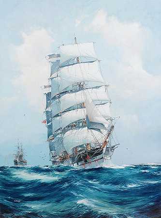 那艘方形的羊毛剪Argonaut满载着帆，迎风行驶，伴随着蒸汽`The square-rigged wool clipper Argonaut under full sail and running before the wind, with the steam by Jack Spurling