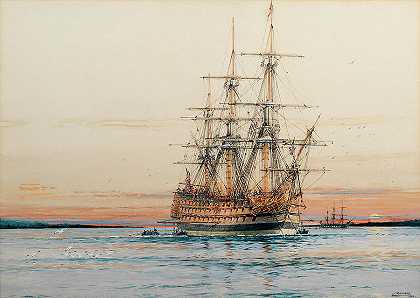 H.M.S.三明治在日落时停泊`H.M.S. Sandwich laying her mooring at sunset by Jack Spurling